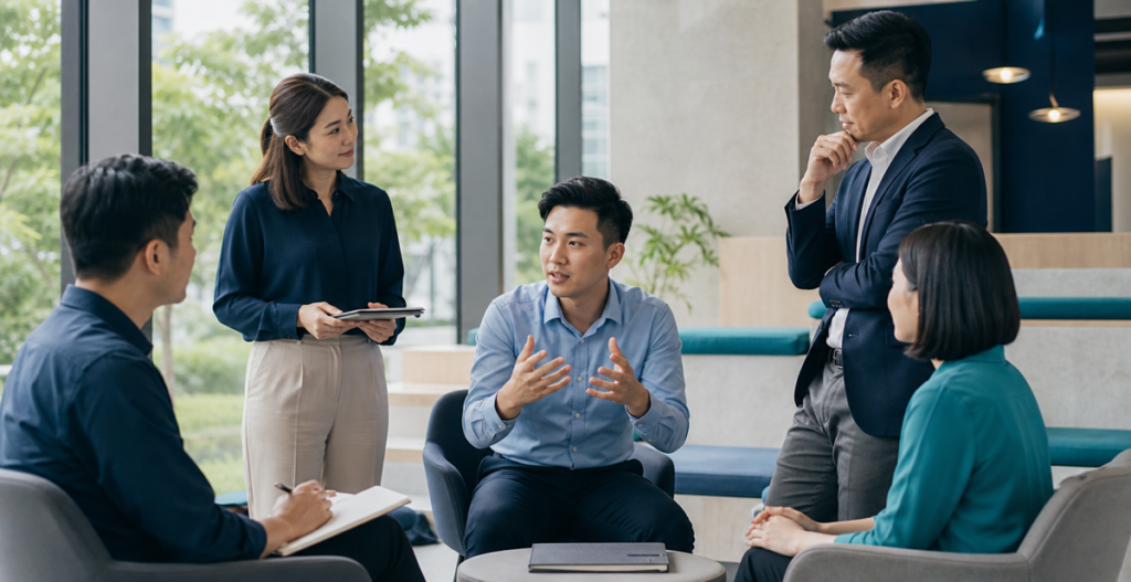 Professional considering five distinct forms of workplace development support